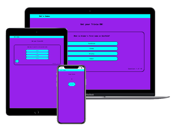 screenshot of web, tablet and mobile version of trivia app